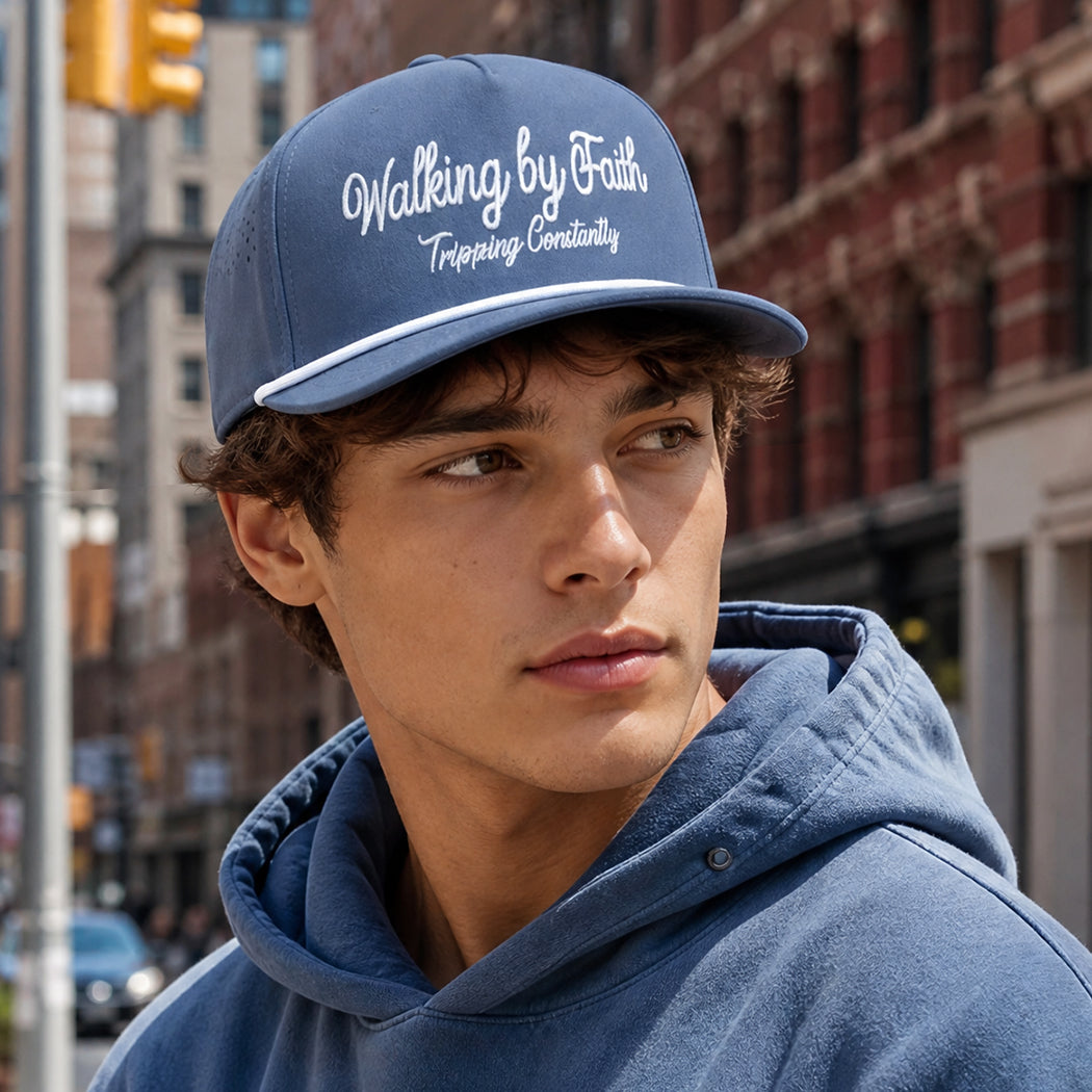 Walking by Faith embroidered rope trucker hat, front view