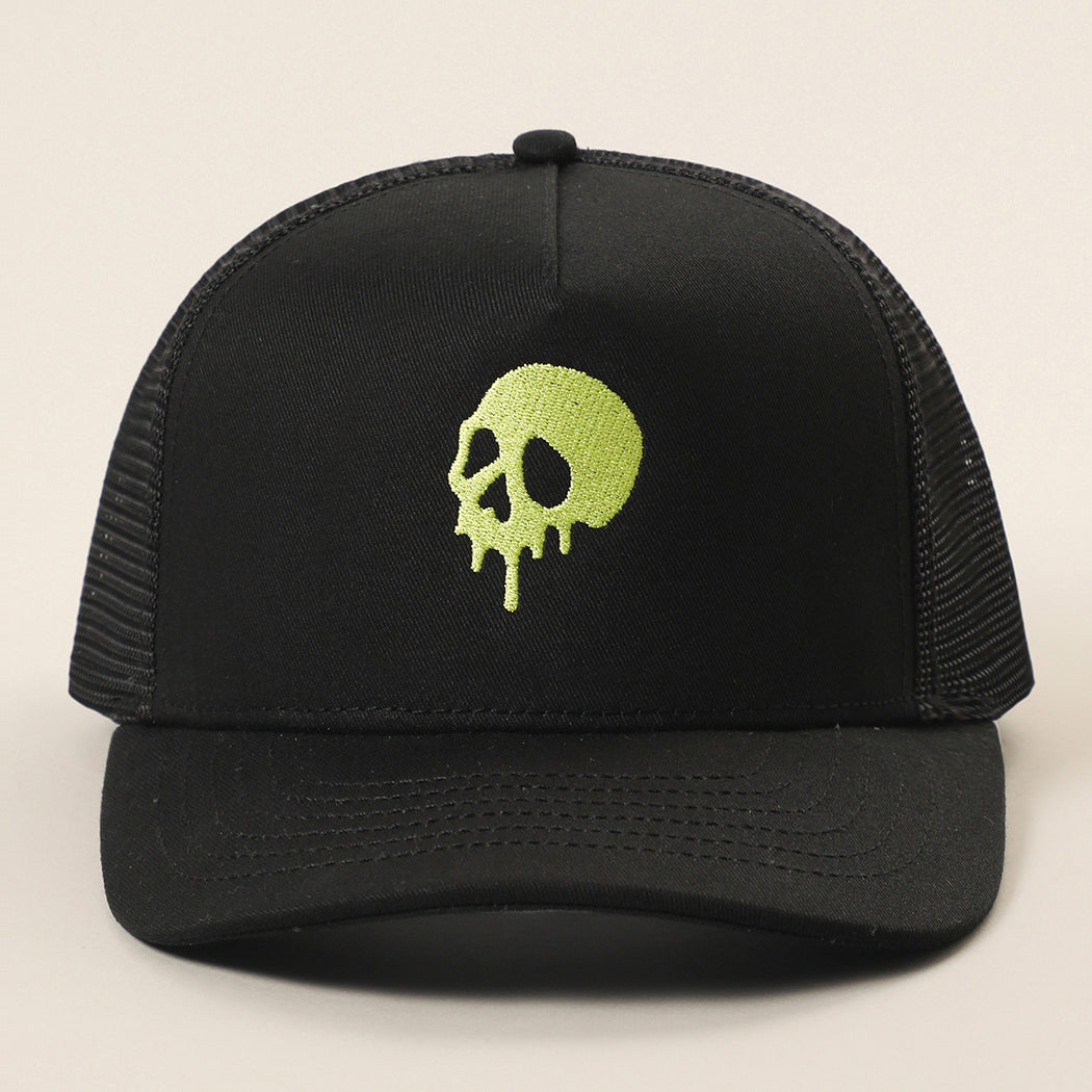 Skull Drip mesh trucker hat in black and lime