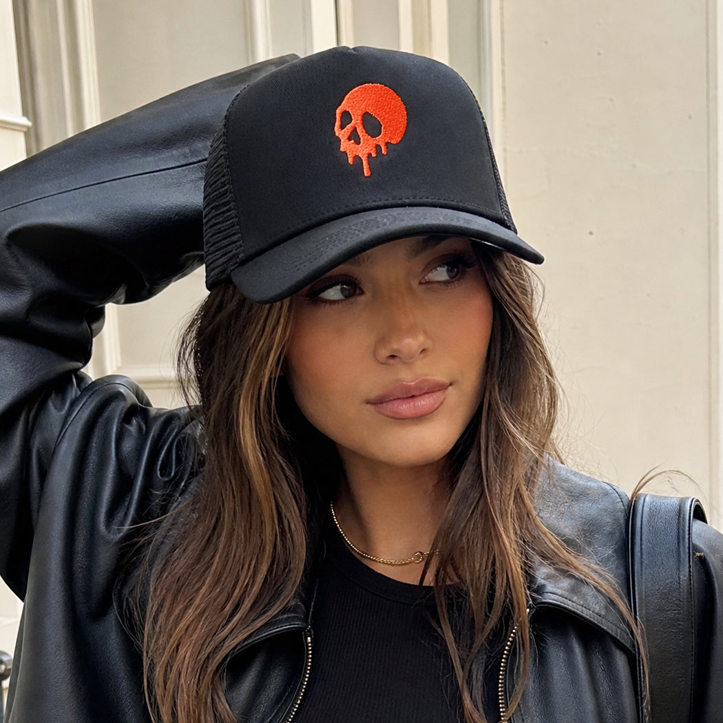 Skull Drip embroidered mesh trucker hat, detail view