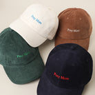 Pray More embroidered corduroy baseball cap, side view