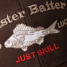 Master Baiter No Luck Just Skill trucker hat in dark brown and khaki, side view