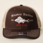 Master Baiter No Luck Just Skill trucker hat in dark brown and khaki