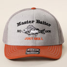 Master Baiter No Luck Just Skill trucker hat in orange and heather grey