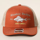 Master Baiter No Luck Just Skill trucker hat in orange and khaki