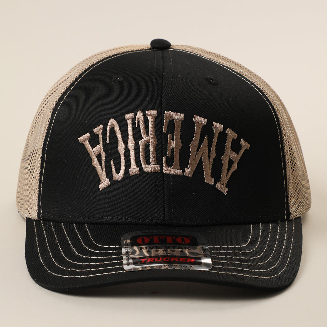 America Upside Down mid profile trucker hat in black and khaki