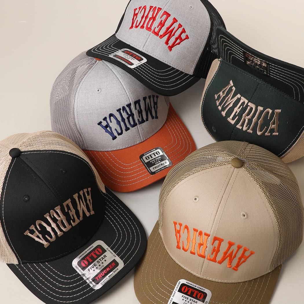 America Upside Down mid profile trucker hat shown in all color options