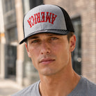 America Upside Down mid profile trucker hat, front view