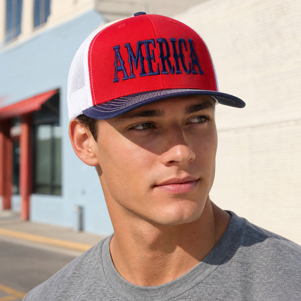 America mid profile trucker hat, front view