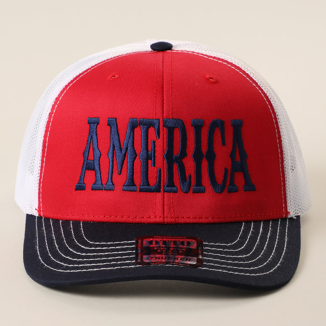 America mid profile trucker hat in navy, red, and white