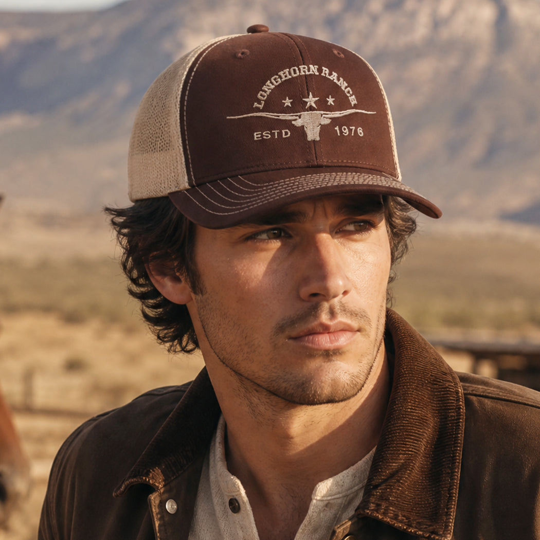 Longhorn Ranch mid profile trucker hat, front view