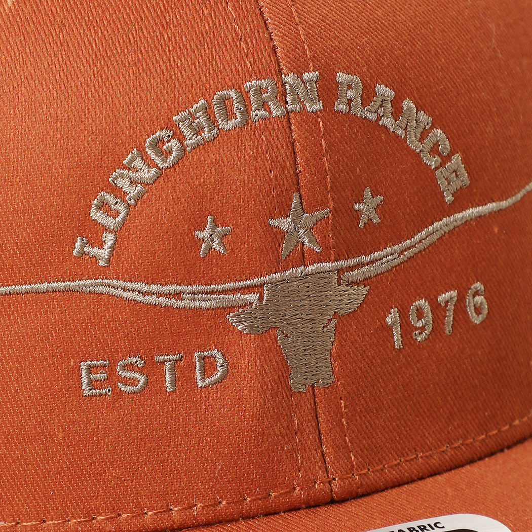 Longhorn Ranch mid profile trucker hat in orange and khaki, side view