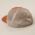 Longhorn Ranch mid profile trucker hat in orange and khaki, back view