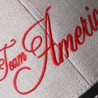 Team America Script mesh back trucker hat in black and heather grey, side view