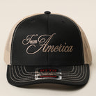 Team America Script mesh back trucker hat in black and khaki