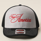 Team America Script mesh back trucker hat in black and heather grey