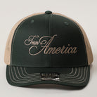 Team America Script mesh back trucker hat in dark green and khaki