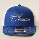 Team America Script mesh back trucker hat in royal blue and white