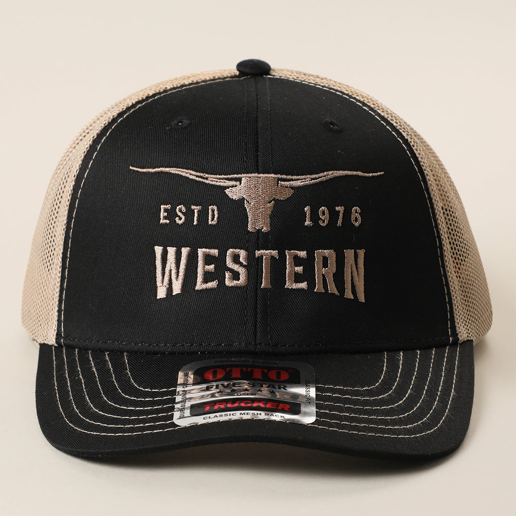 Longhorn Western mid profile trucker hat in black and khaki
