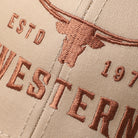 Longhorn Western mid profile trucker hat in coyote brown and khaki, side view