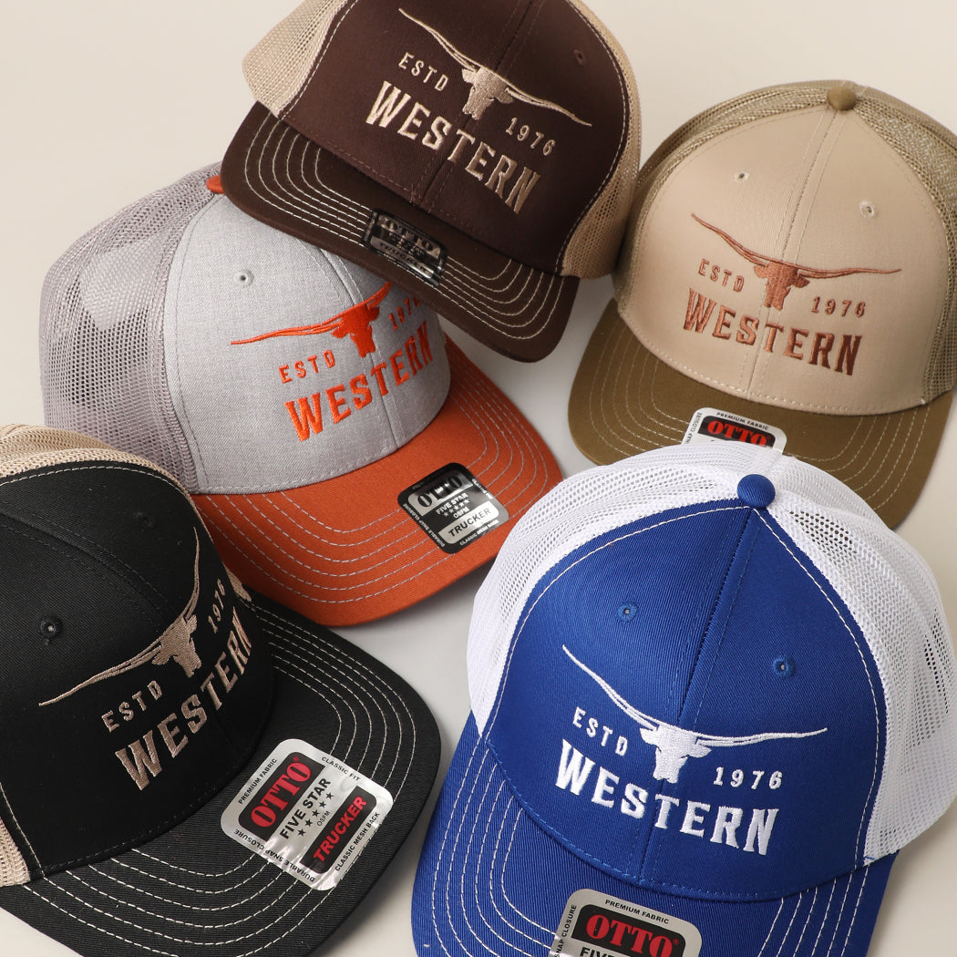 Longhorn Western mid profile trucker hat shown in all color options