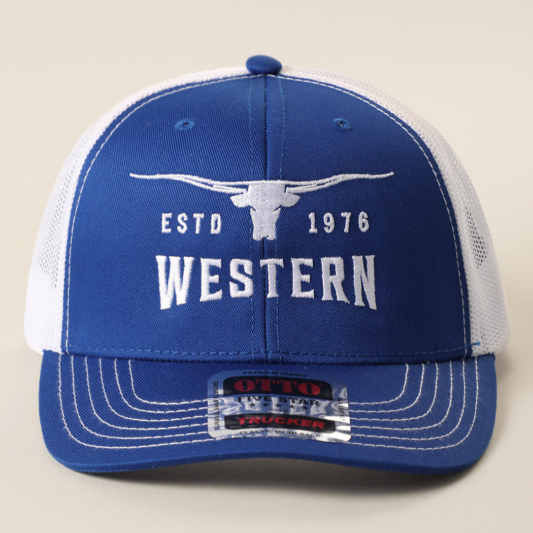 Longhorn Western mid profile trucker hat in royal blue and white