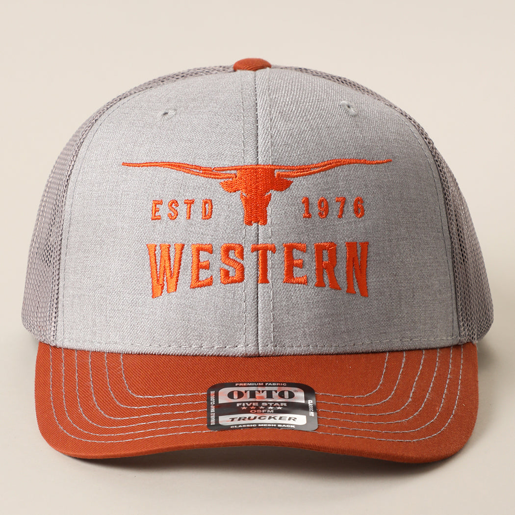 Longhorn Western mid profile trucker hat in orange and heather grey