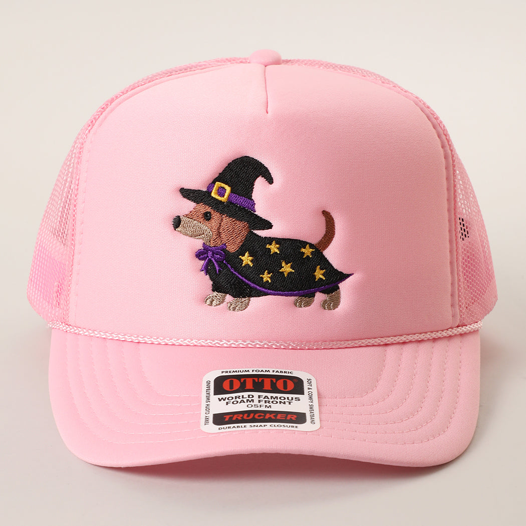 Witch dachshund embroidered foam trucker hat in light pink