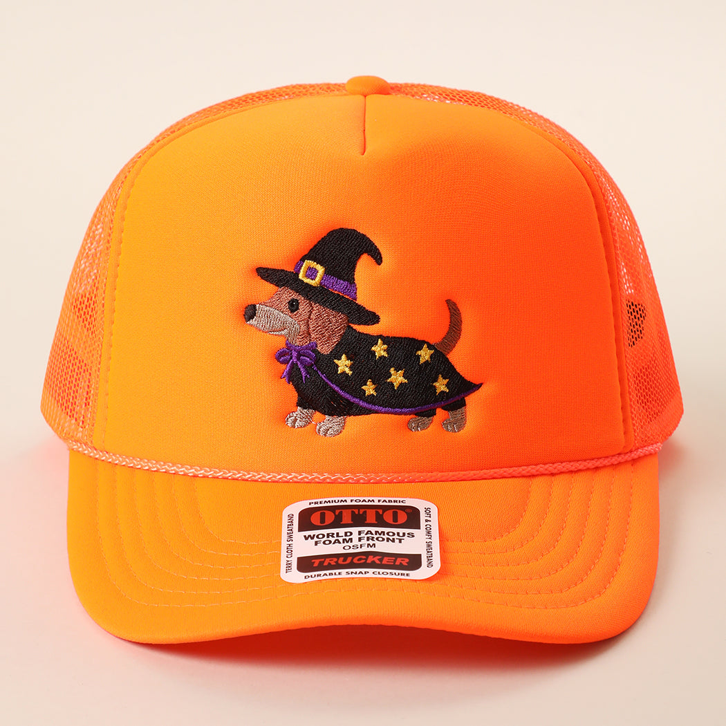 Witch dachshund embroidered foam trucker hat in neon orange
