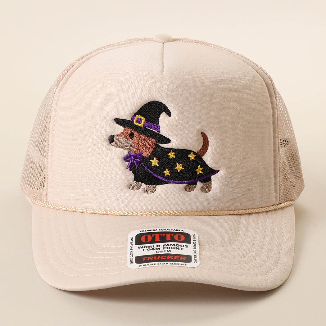 Witch dachshund embroidered foam trucker hat in tan