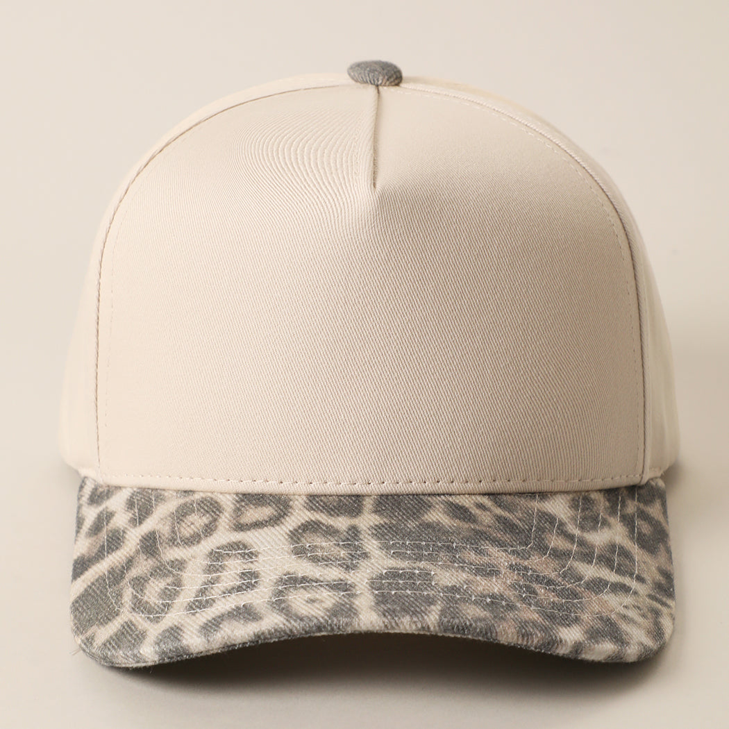 Two-tone leopard print brim trucker hat in beige