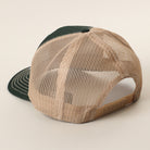 Rodeo patch mid profile trucker hat in black and khaki, back view