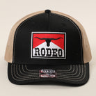 Rodeo patch mid profile trucker hat in black and khaki