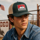 Rodeo patch mid profile trucker hat, front view