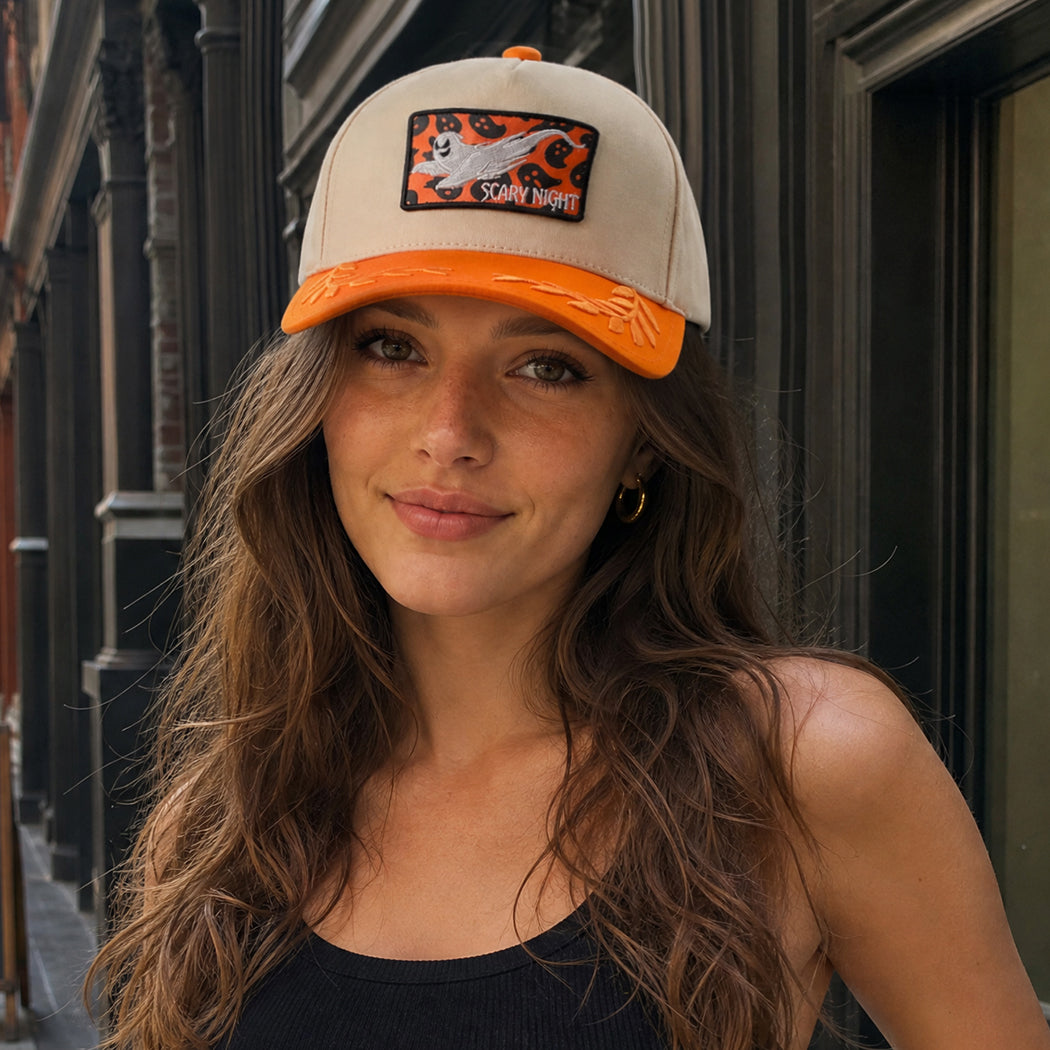 Scary Night ghost patch leaf brim trucker hat, detail view