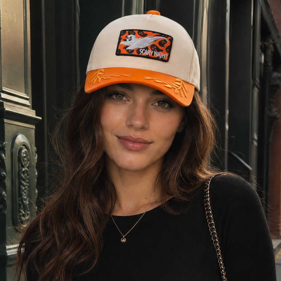 Scary Night ghost embroidered patch leaf brim trucker hat, front view