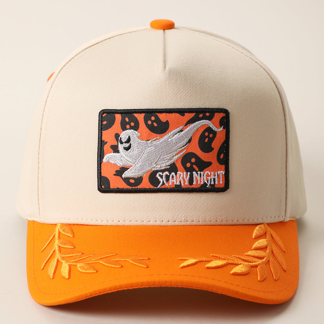 Scary Night ghost patch leaf brim trucker hat in orange