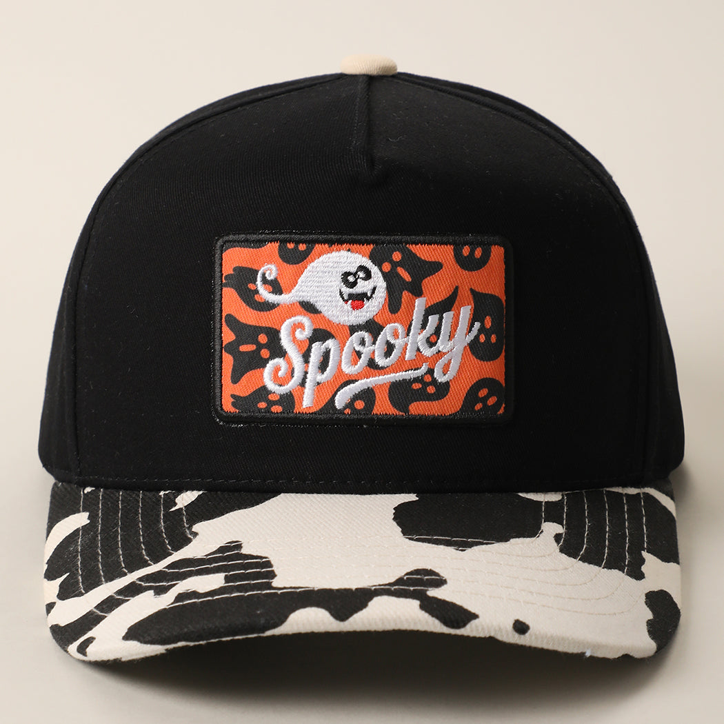 Spooky ghost patch cow-print brim trucker hat in black