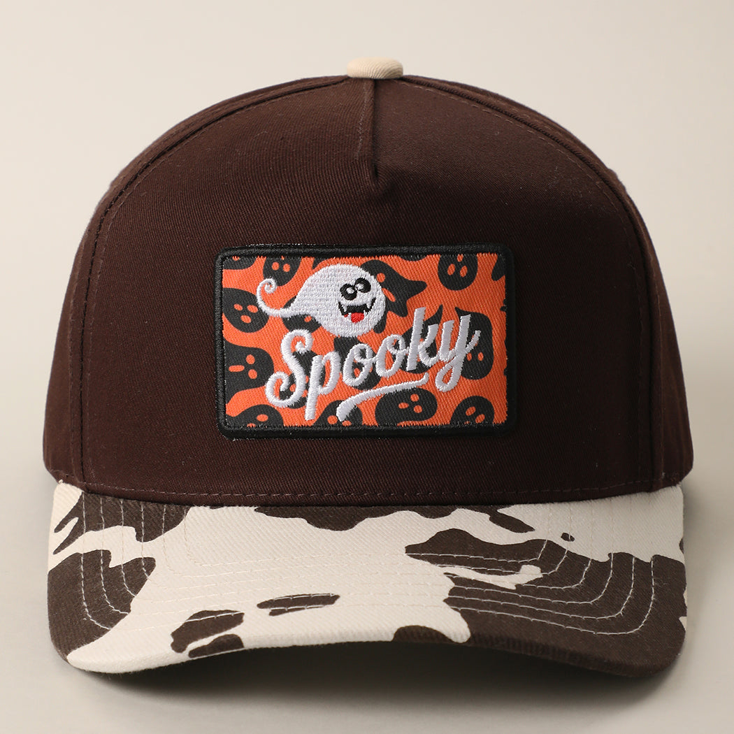 Spooky ghost patch cow-print brim trucker hat in brown