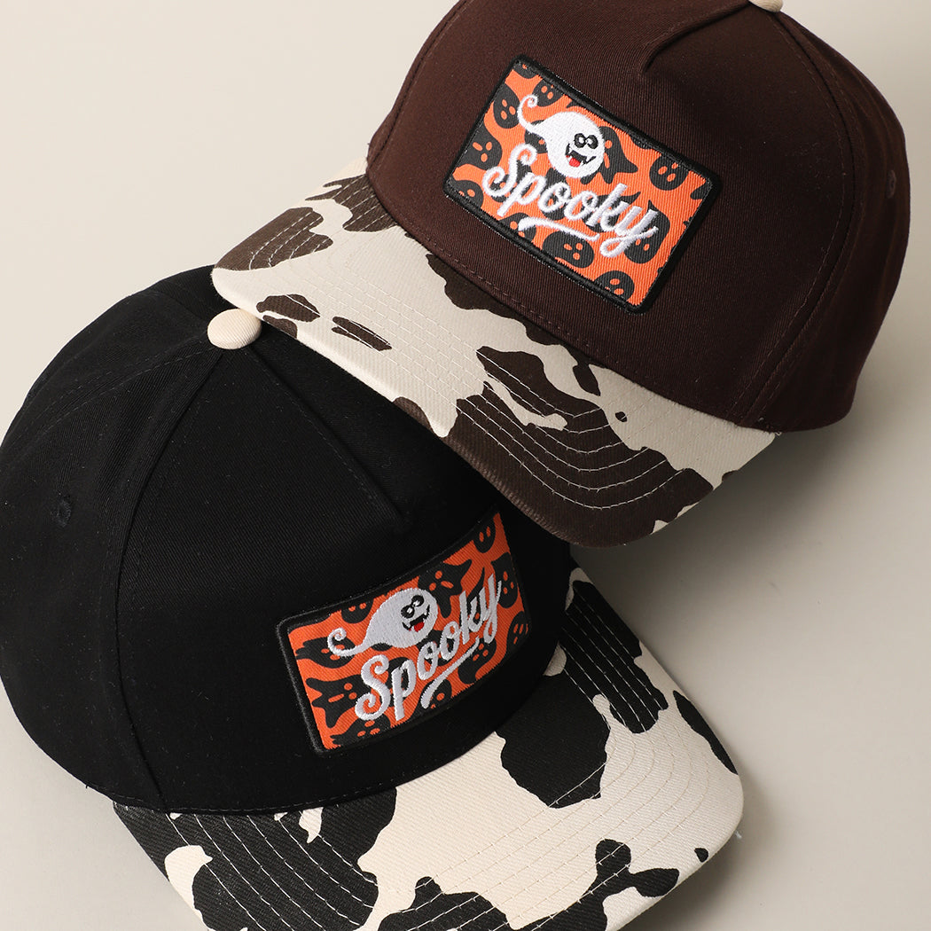 Spooky ghost patch cow-print brim trucker hats in brown and black