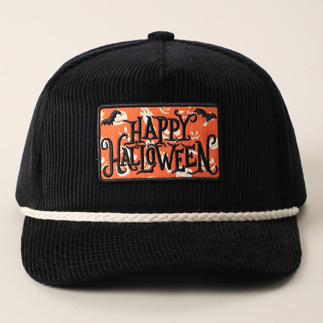 Happy Halloween patch corduroy trucker hat in black