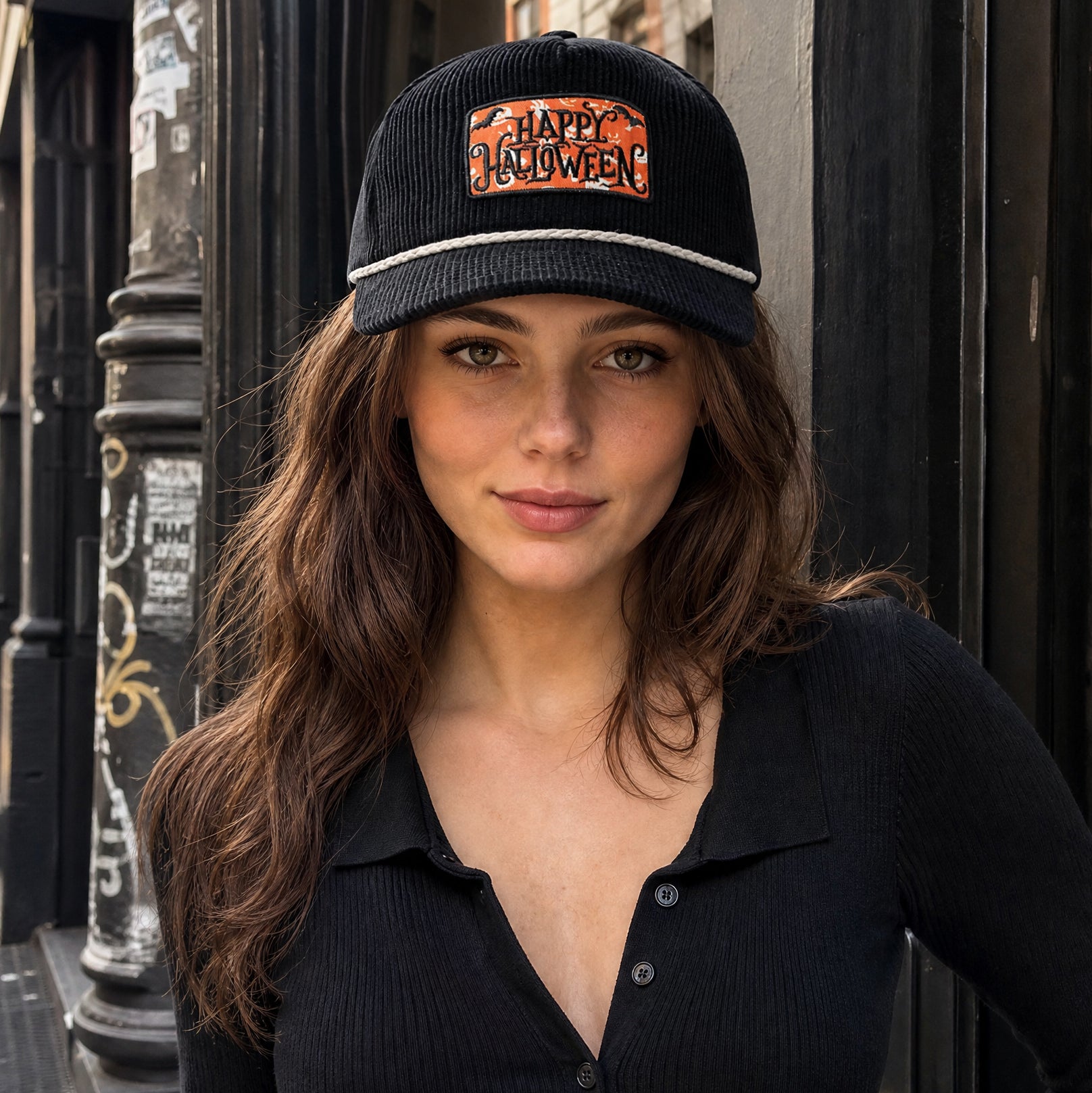 Happy Halloween embroidered patch corduroy trucker hat with rope strap, front view
