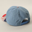 USA embroidered patch denim trucker hat, back view