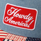 Howdy America patchwork denim trucker hat, side view