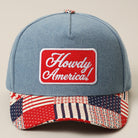 Howdy America patchwork denim trucker hat, front view