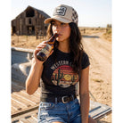 Howdy Darlin' embroidered patch checker foam trucker hat worn by model