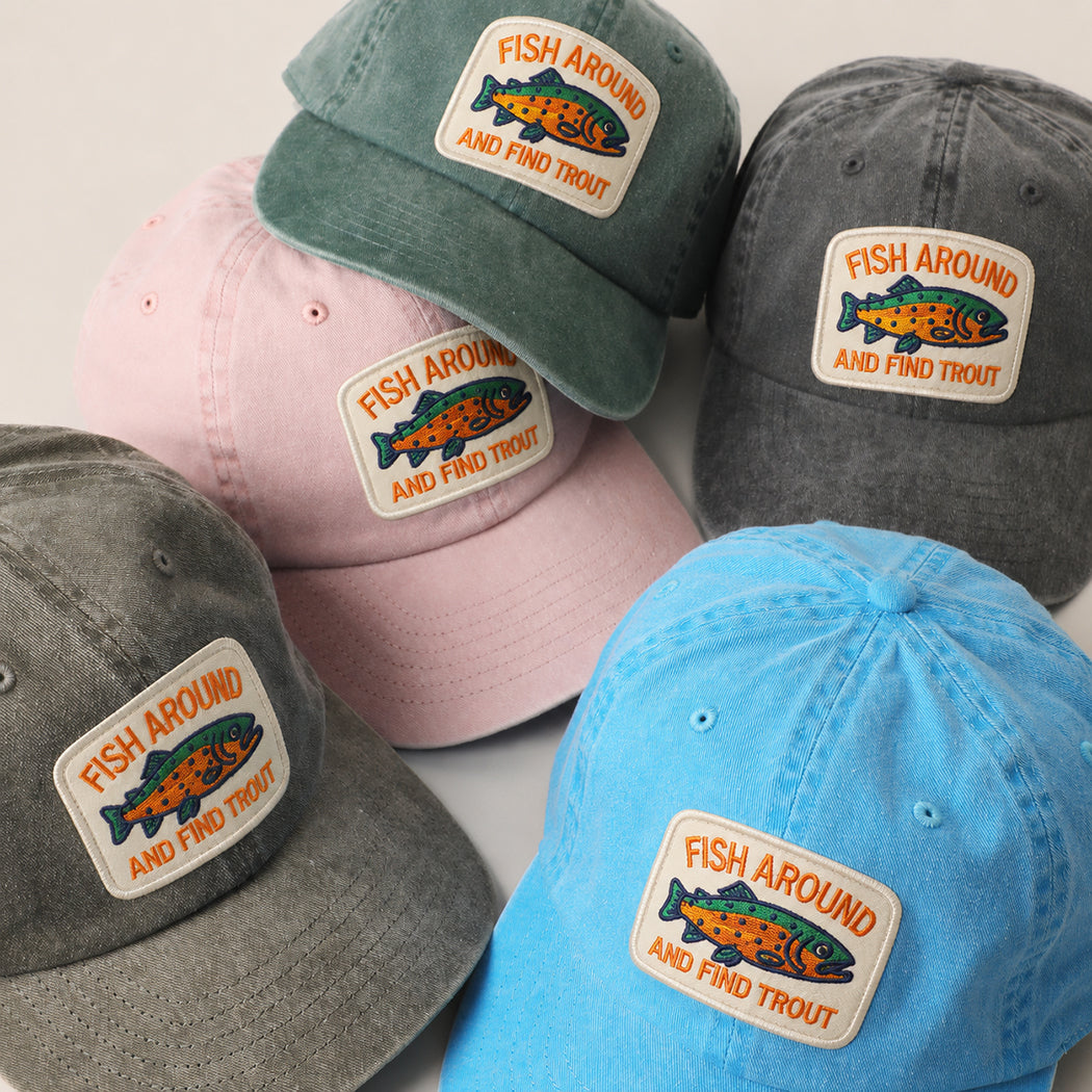 Fish Around and Find Trout patch baseball cap, side view