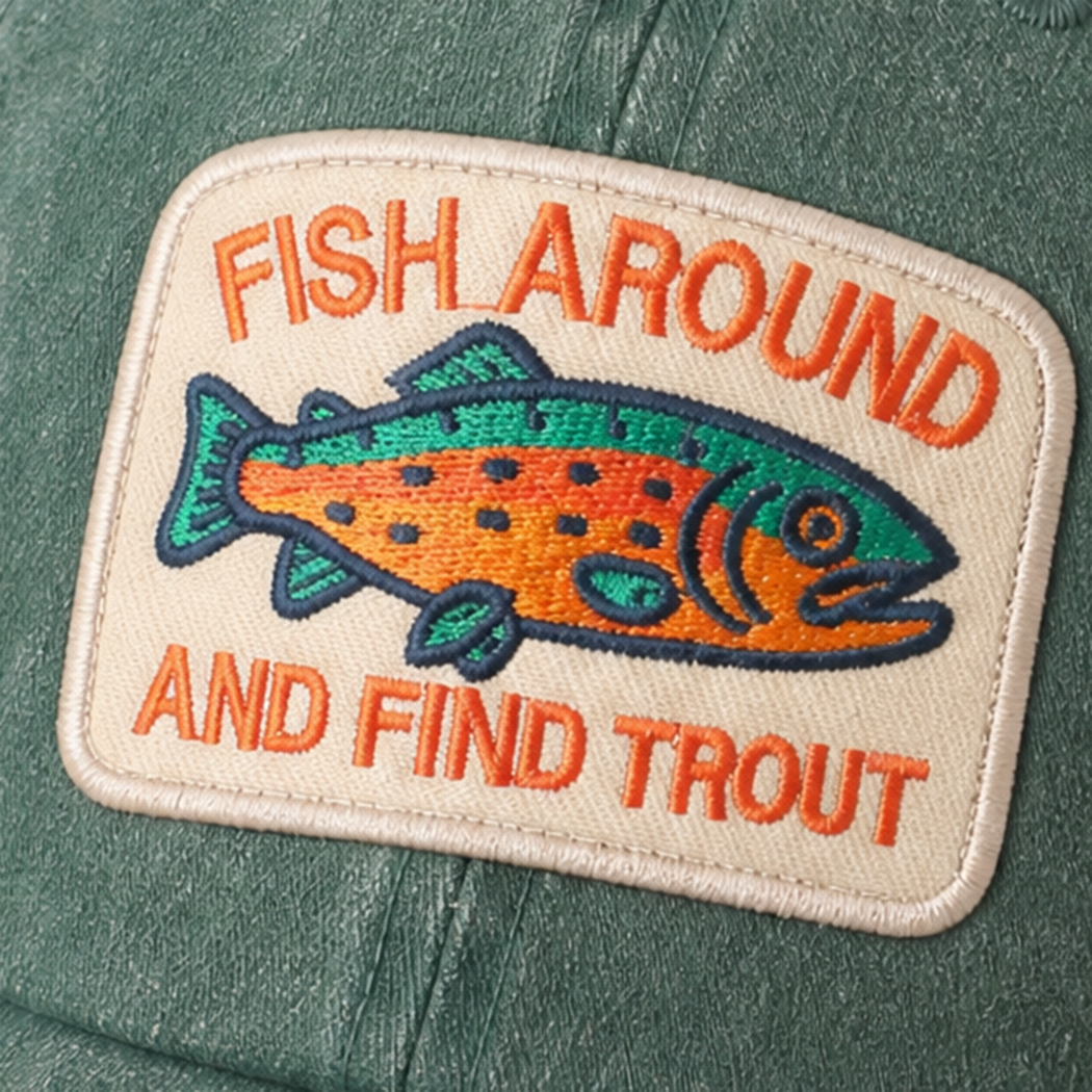 Fish Around and Find Trout patch baseball cap in green, angled view