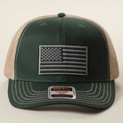 Black American Flag patch trucker hat in dark green and khaki