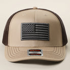 Black American Flag patch trucker hat in khaki and dark brown