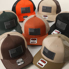 Black American Flag patch trucker hat, front view alternate angle